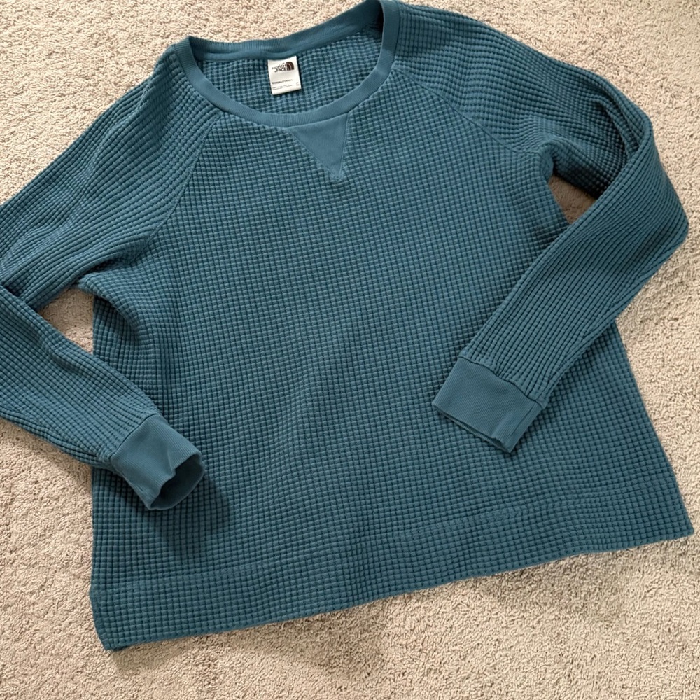 The North Face Chabot Waffle Knit Thermal LS Tee Shirt Top Crew Neck Blue - Picture 4 of 11